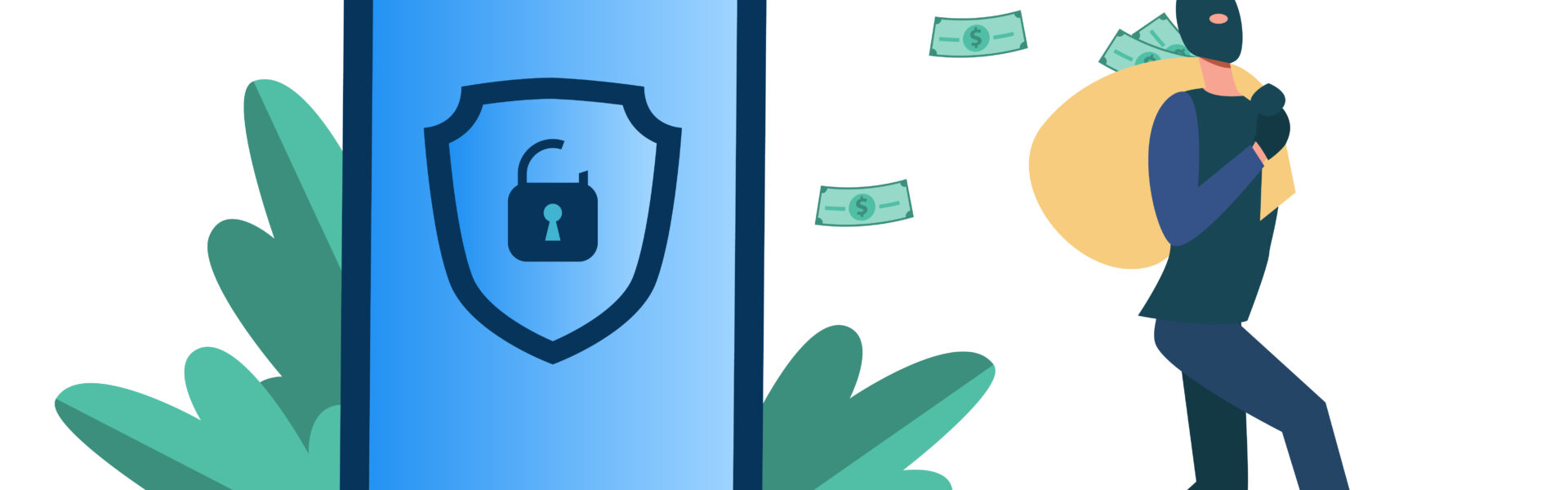 A cartoon-style illustration of a hacker stealing data from a digital wallet on a smartphone, symbolizing cyberattacks targeting cryptocurrency wallets through vulnerable microchips like the ESP32.