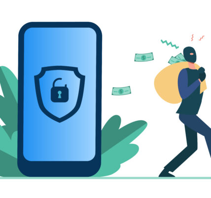 A cartoon-style illustration of a hacker stealing data from a digital wallet on a smartphone, symbolizing cyberattacks targeting cryptocurrency wallets through vulnerable microchips like the ESP32.