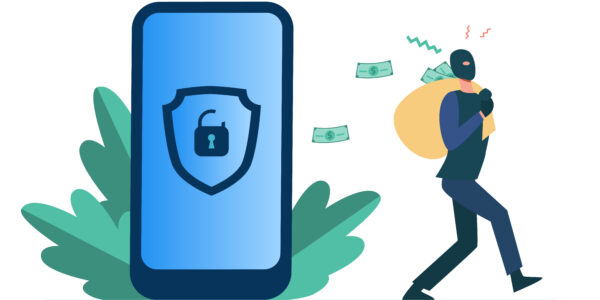 A cartoon-style illustration of a hacker stealing data from a digital wallet on a smartphone, symbolizing cyberattacks targeting cryptocurrency wallets through vulnerable microchips like the ESP32.