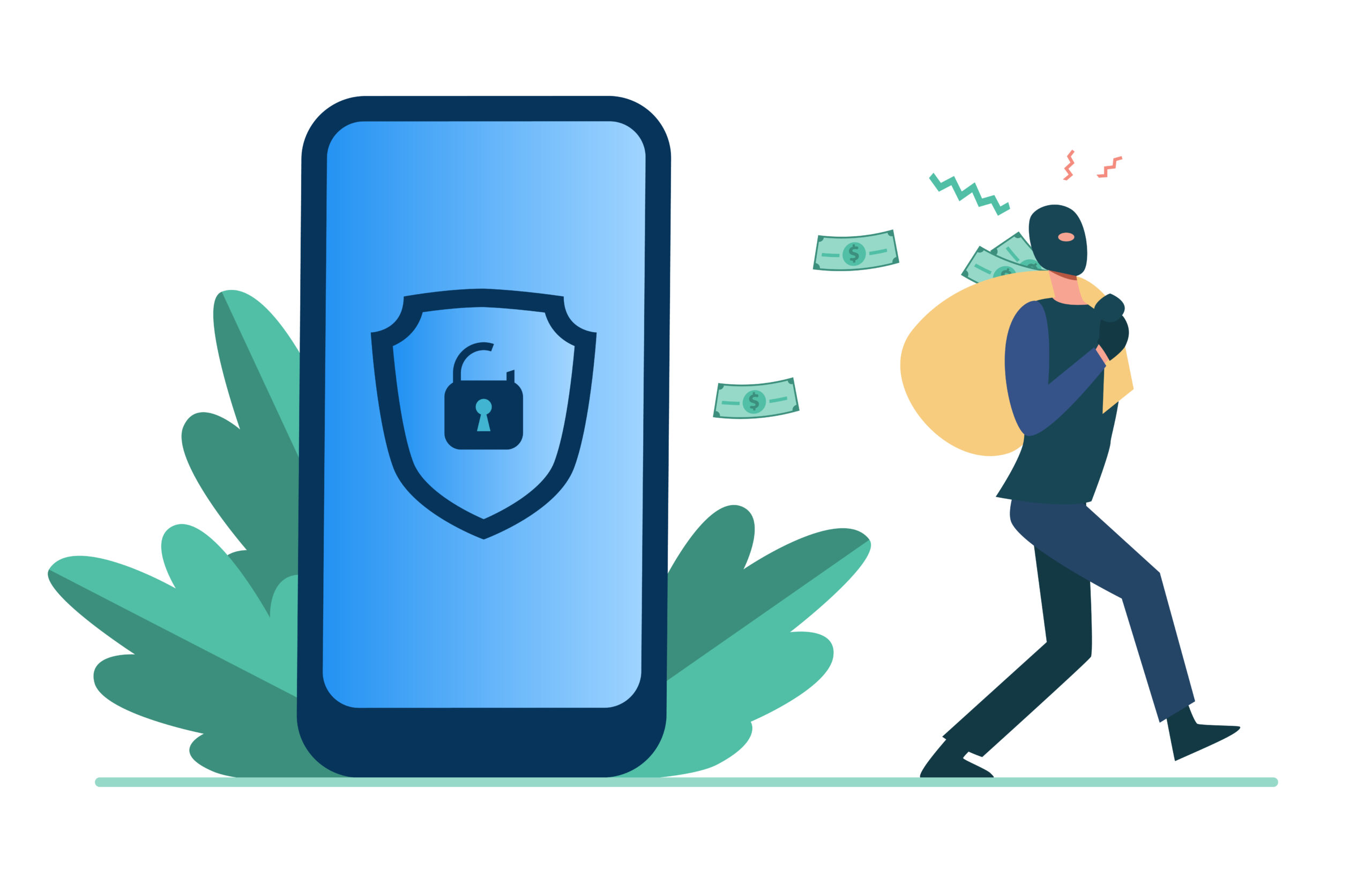 A cartoon-style illustration of a hacker stealing data from a digital wallet on a smartphone, symbolizing cyberattacks targeting cryptocurrency wallets through vulnerable microchips like the ESP32.