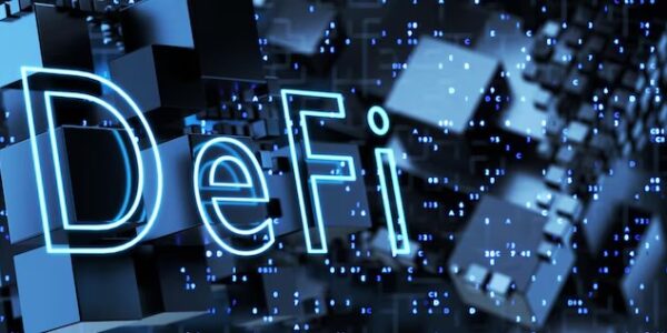 Illustration of real-world assets like property and gold transforming into digital tokens on a blockchain, representing asset tokenization in DeFi.