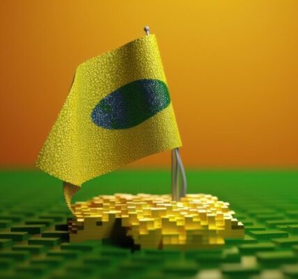 Brazilian flag and XRP token standing prominently in front of the B3 Exchange, symbolizing Brazil’s leadership in global crypto ETF innovation.
