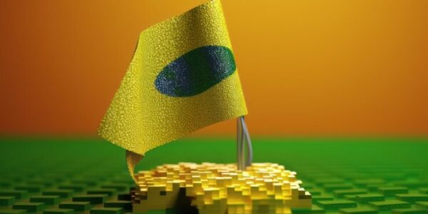 Brazilian flag and XRP token standing prominently in front of the B3 Exchange, symbolizing Brazil’s leadership in global crypto ETF innovation.