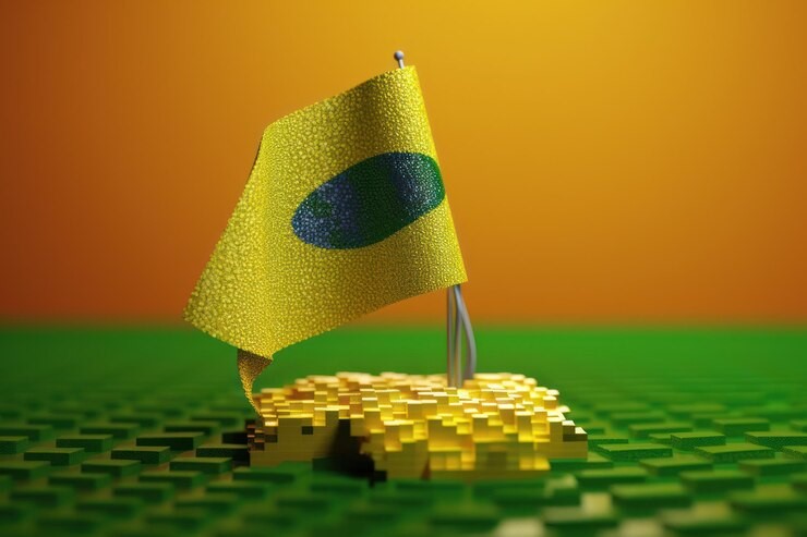 Brazilian flag and XRP token standing prominently in front of the B3 Exchange, symbolizing Brazil’s leadership in global crypto ETF innovation.