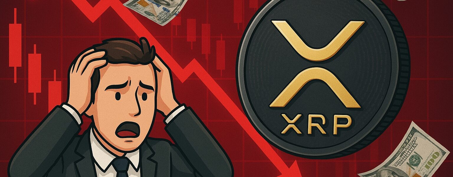 A panicked investor holding his head as XRP price drops, with a red market chart, falling dollar bills, and a large XRP coin in the background.