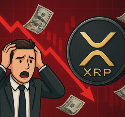 A panicked investor holding his head as XRP price drops, with a red market chart, falling dollar bills, and a large XRP coin in the background.