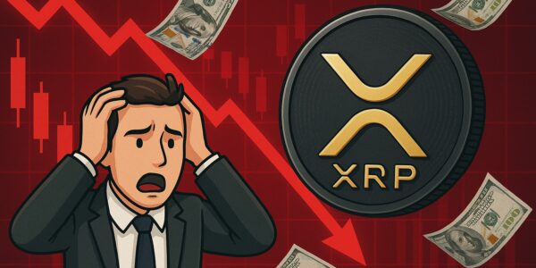A panicked investor holding his head as XRP price drops, with a red market chart, falling dollar bills, and a large XRP coin in the background.