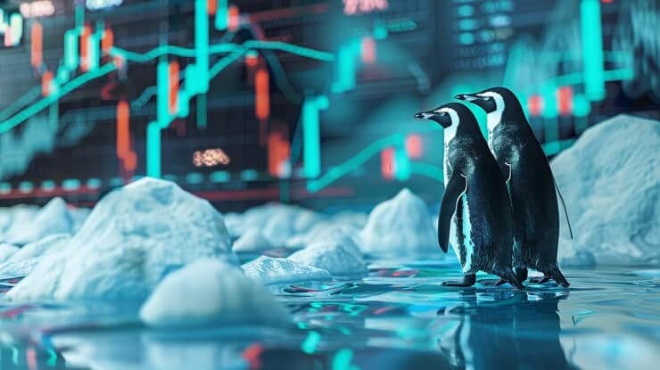 Ledger device and Pudgy Penguin mascot silhouetted against coordinates pointing to Dubai, symbolizing a mysterious joint launch teased on social media.