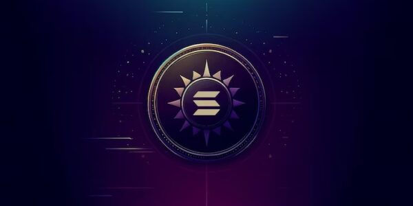 Solana logo glowing above meme coins and ETF symbols, with an upward-trending price chart hinting at a breakout beyond $150.