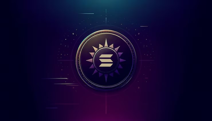 Solana logo glowing above meme coins and ETF symbols, with an upward-trending price chart hinting at a breakout beyond $150.