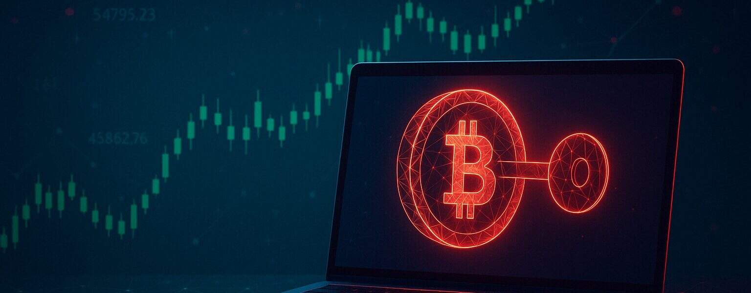 Bitcoin symbol locked inside a quantum encryption grid, with a glowing “1 BTC Reward” tag, illustrating Project 11’s challenge to crack a quantum-resistant key.