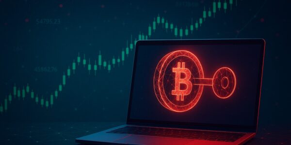Bitcoin symbol locked inside a quantum encryption grid, with a glowing “1 BTC Reward” tag, illustrating Project 11’s challenge to crack a quantum-resistant key.