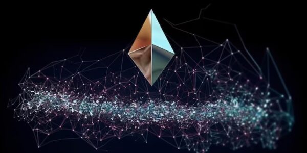 Blockchain network transforming into a regulated grid beneath the silhouette of Beijing’s skyline and surveillance imagery, symbolizing China’s shift from decentralization to state control.