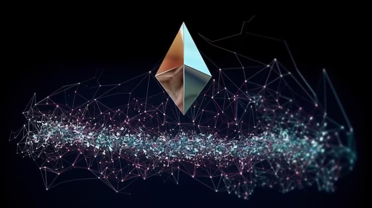 Blockchain network transforming into a regulated grid beneath the silhouette of Beijing’s skyline and surveillance imagery, symbolizing China’s shift from decentralization to state control.