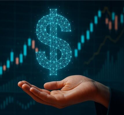 Hand presenting a digital dollar symbol with rising chart, representing MoonPay’s regulatory approval and financial expansion.