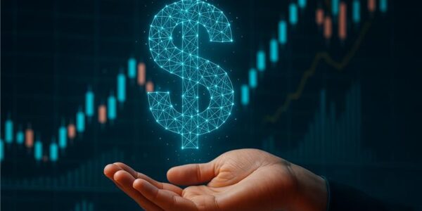 Hand presenting a digital dollar symbol with rising chart, representing MoonPay’s regulatory approval and financial expansion.