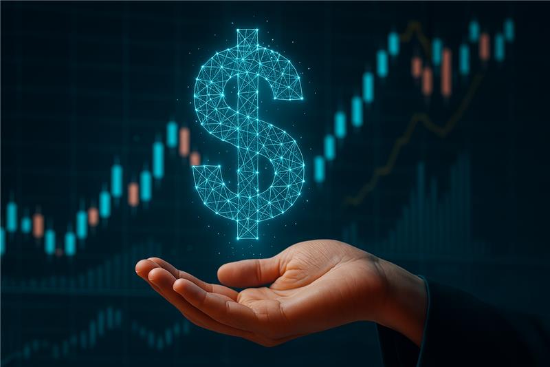 Hand presenting a digital dollar symbol with rising chart, representing MoonPay’s regulatory approval and financial expansion.