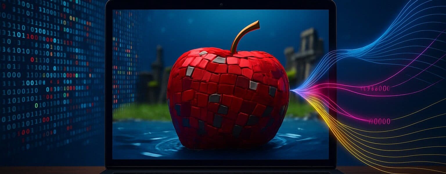 Exploding DeFi visuals with Etherlink logo and ripe apples raining over a rising TVL chart, symbolizing the $18M surge driven by Apple Farm incentives.