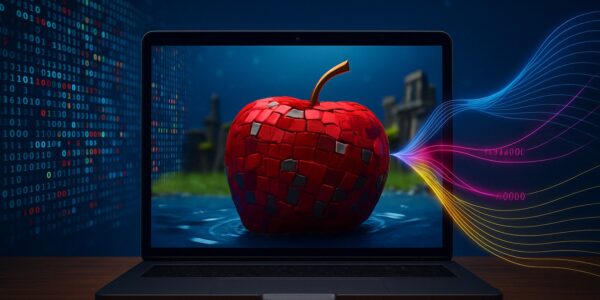 Exploding DeFi visuals with Etherlink logo and ripe apples raining over a rising TVL chart, symbolizing the $18M surge driven by Apple Farm incentives.