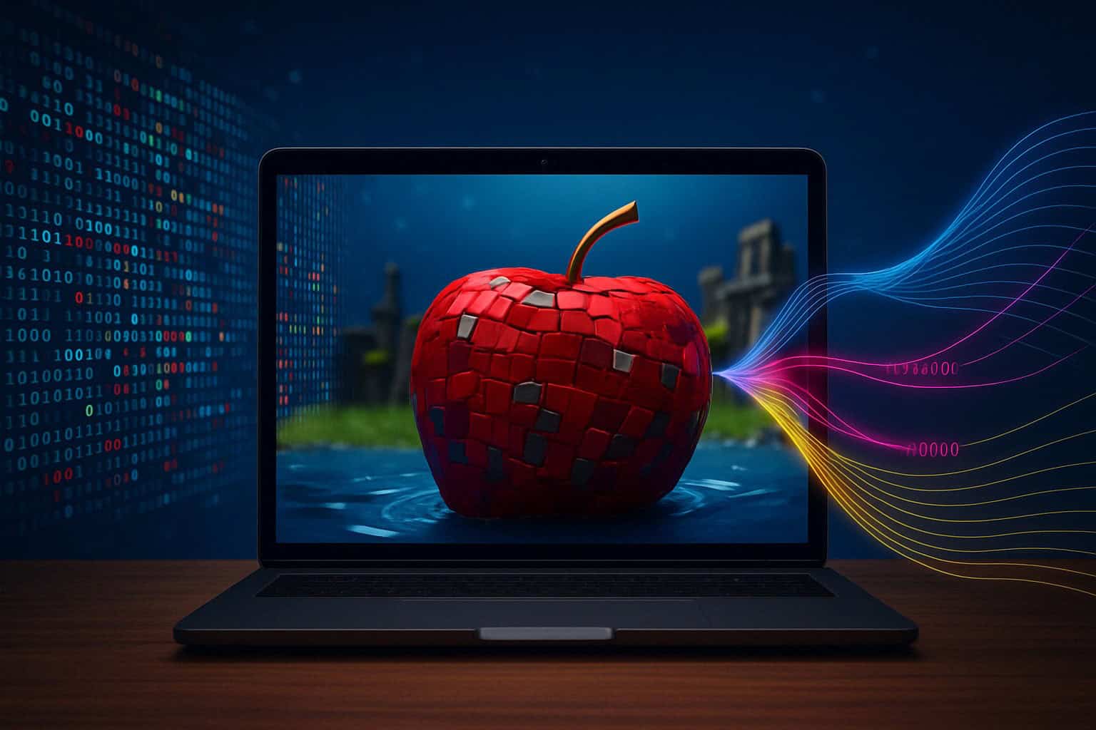 Exploding DeFi visuals with Etherlink logo and ripe apples raining over a rising TVL chart, symbolizing the $18M surge driven by Apple Farm incentives.