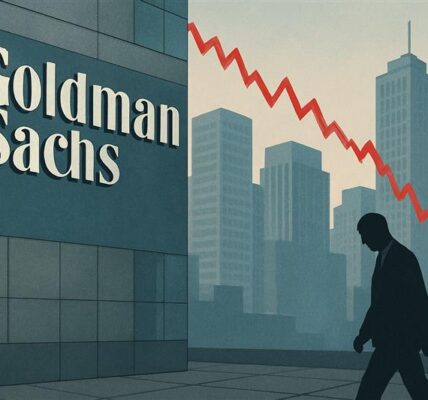 Silhouette of a person with a downward market chart and Goldman Sachs building in the background, symbolizing economic uncertainty and policy-driven market swings.