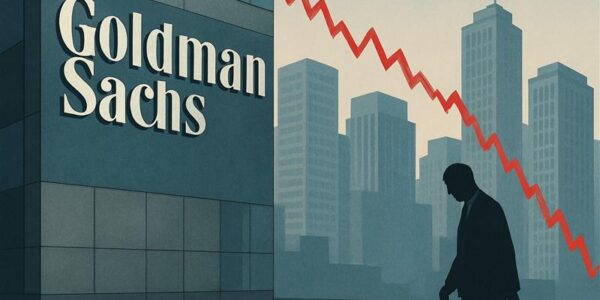 Silhouette of a person with a downward market chart and Goldman Sachs building in the background, symbolizing economic uncertainty and policy-driven market swings.