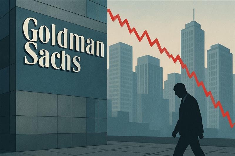 Silhouette of a person with a downward market chart and Goldman Sachs building in the background, symbolizing economic uncertainty and policy-driven market swings.