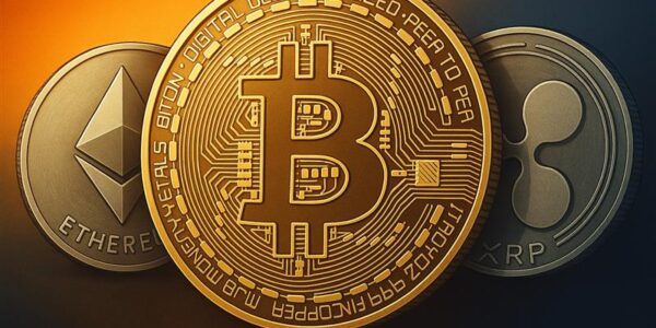 Golden Bitcoin coin with upward glowing background and silhouettes of people, representing a sharp rebound in global markets and crypto surge after Trump's tariff delay.