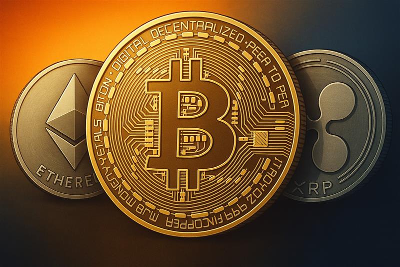 Golden Bitcoin coin with upward glowing background and silhouettes of people, representing a sharp rebound in global markets and crypto surge after Trump's tariff delay.