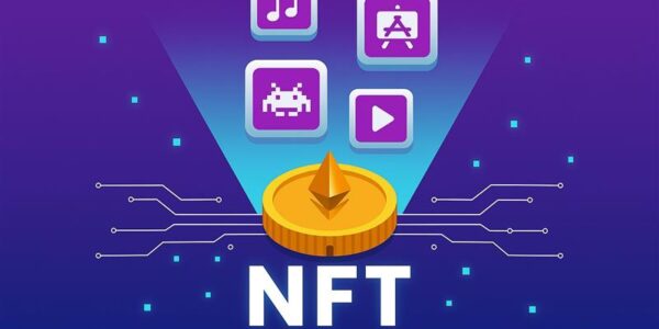 NFT dashboard illustration showing data trends and token icons, reflecting a volatile market and Courtyard’s rise in sales