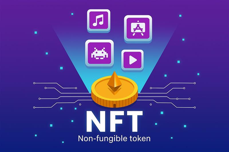 NFT dashboard illustration showing data trends and token icons, reflecting a volatile market and Courtyard’s rise in sales