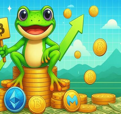 3D illustration of PEPE coin mascot surrounded by rising tokens amid market recovery hype