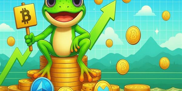 3D illustration of PEPE coin mascot surrounded by rising tokens amid market recovery hype