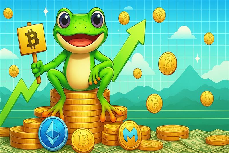 3D illustration of PEPE coin mascot surrounded by rising tokens amid market recovery hype