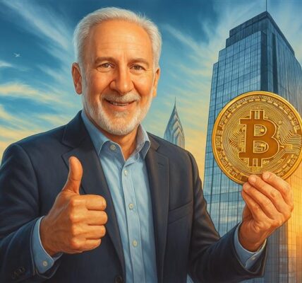 "Peter Schiff giving thumbs up with Bitcoin and gold bars in background, symbolizing his 2025 market stance