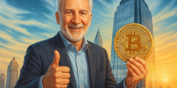 "Peter Schiff giving thumbs up with Bitcoin and gold bars in background, symbolizing his 2025 market stance
