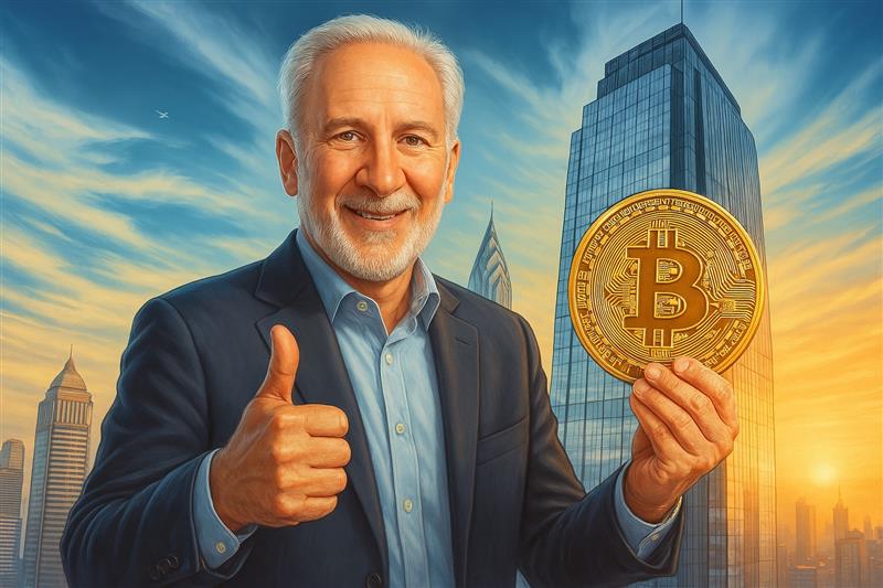 "Peter Schiff giving thumbs up with Bitcoin and gold bars in background, symbolizing his 2025 market stance