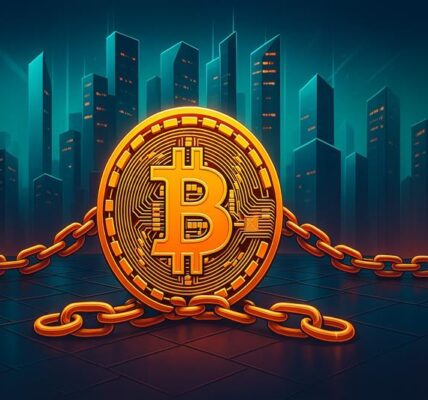 Bitcoin symbol encircled with digital chains, representing price movement under technical watch near $83K