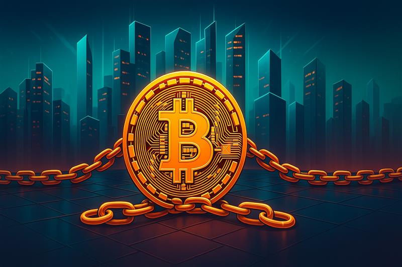 Bitcoin symbol encircled with digital chains, representing price movement under technical watch near $83K