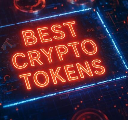 Digital display showing 'Best Crypto Tokens' with futuristic blockchain visuals, highlighting top assets post-tariff pause