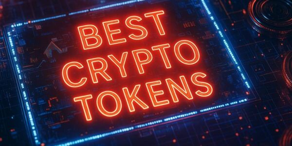 Digital display showing 'Best Crypto Tokens' with futuristic blockchain visuals, highlighting top assets post-tariff pause