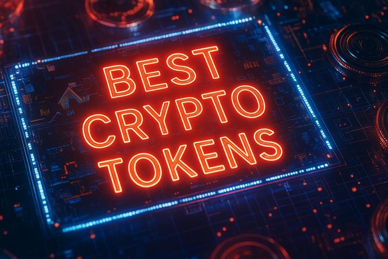 Digital display showing 'Best Crypto Tokens' with futuristic blockchain visuals, highlighting top assets post-tariff pause