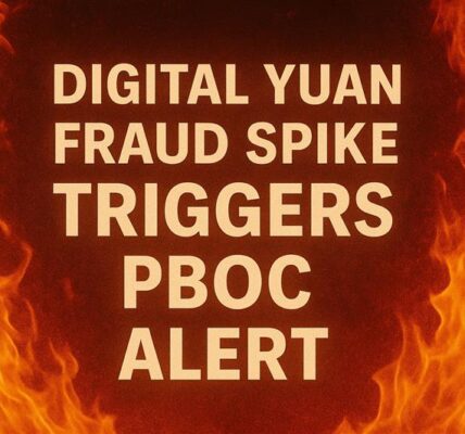 Digital yuan fraud alert warning with flames in background, highlighting scam surge and PBOC crackdown
