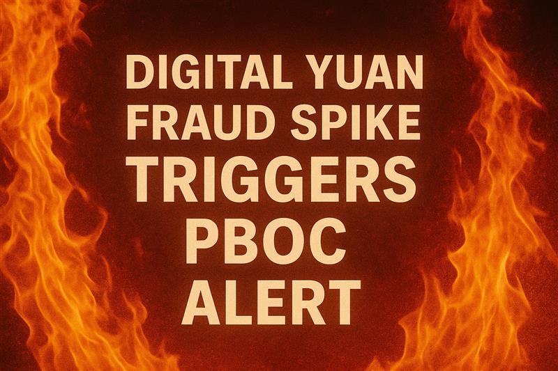 Digital yuan fraud alert warning with flames in background, highlighting scam surge and PBOC crackdown