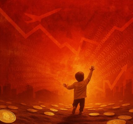 Silhouetted figure stands amid fiery financial chaos, symbolizing panic and speculation following Mantra DAO’s $27M transfer after a catastrophic token collapse.