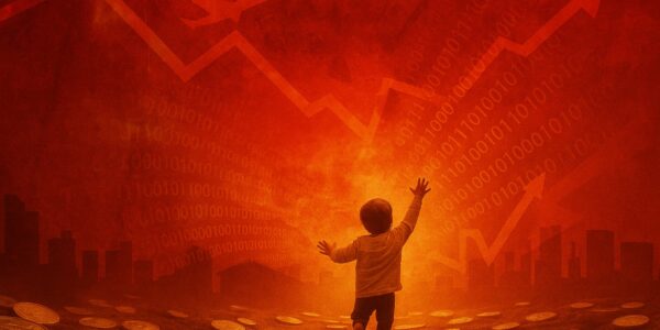 Silhouetted figure stands amid fiery financial chaos, symbolizing panic and speculation following Mantra DAO’s $27M transfer after a catastrophic token collapse.