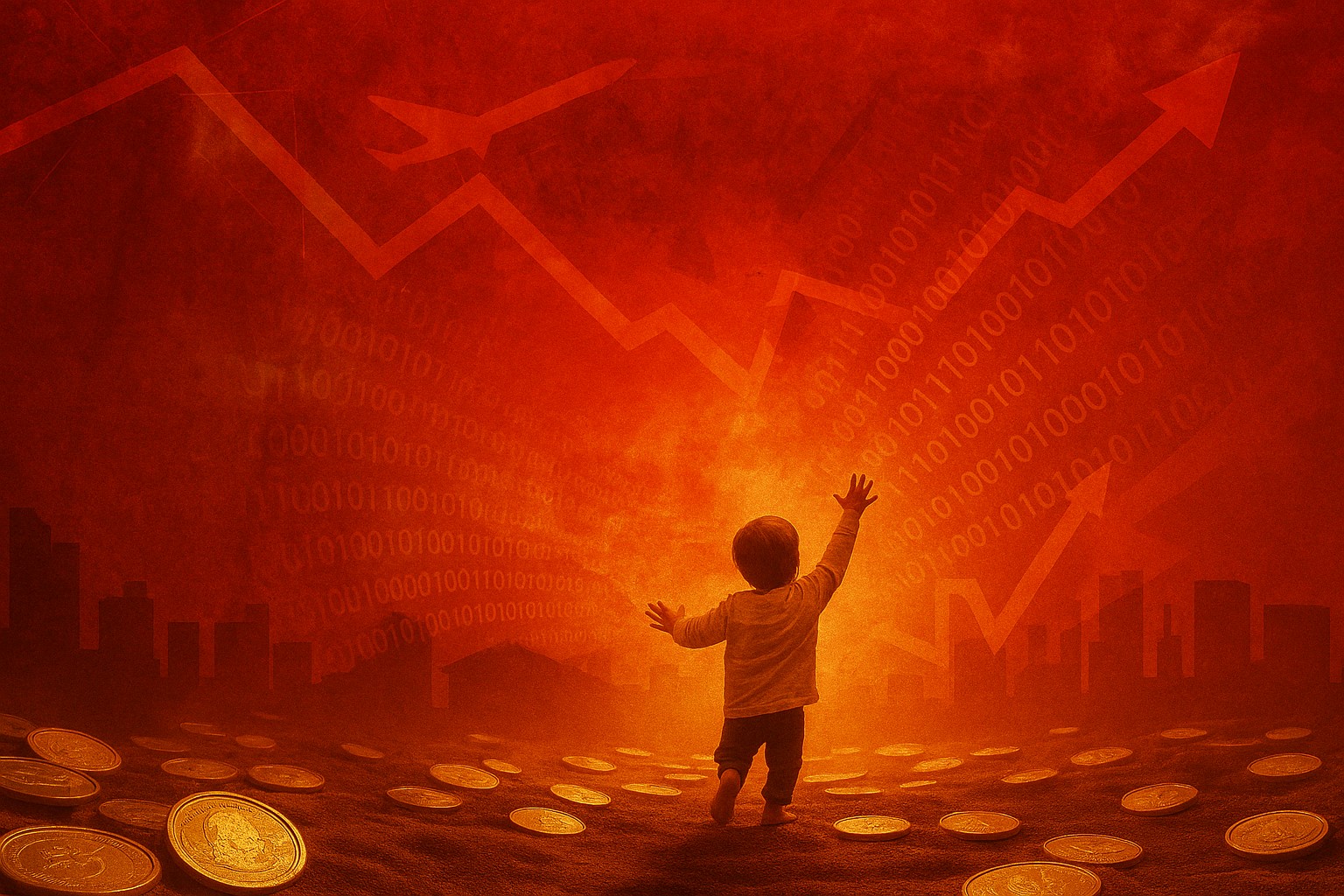 Silhouetted figure stands amid fiery financial chaos, symbolizing panic and speculation following Mantra DAO’s $27M transfer after a catastrophic token collapse.