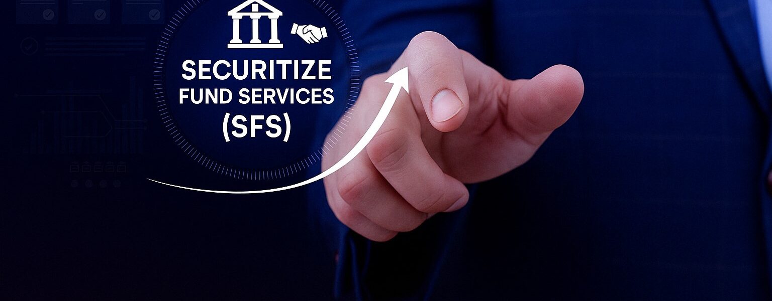 Securitize logo merging with MG Stover against a backdrop of blockchain nodes and financial charts, highlighting leadership in digital fund administration.