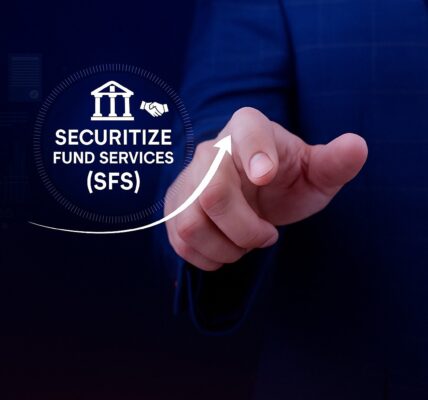 Securitize logo merging with MG Stover against a backdrop of blockchain nodes and financial charts, highlighting leadership in digital fund administration.