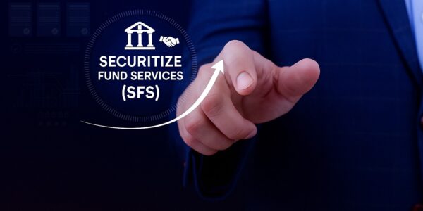 Securitize logo merging with MG Stover against a backdrop of blockchain nodes and financial charts, highlighting leadership in digital fund administration.